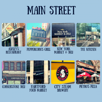 Main Street: Ashley's Restaurant, Peppercorn's Grill, New York Market & Deli, The Kitchen, Cornerstone Deli, Hartford Food Market, City Steam Brewer and Pietro's Pizza