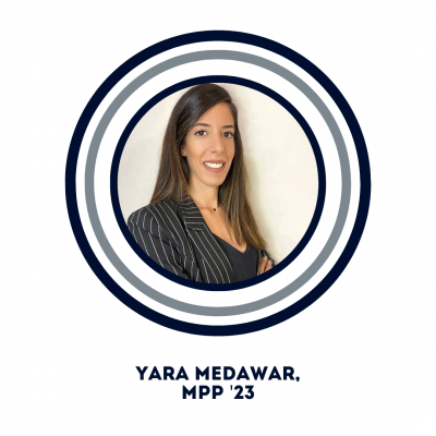 Photo of Yara Medawar with three circles around her image in navy blue, grey and navy blue. The words "Yara Medawar, MPP '23"