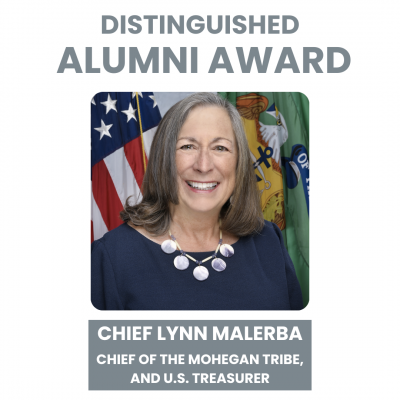 Photo of Distinguished Alumni Award recipient Chief Lynn Malerba, Chief of the Moheghan Tribe and U.S. Treasurer