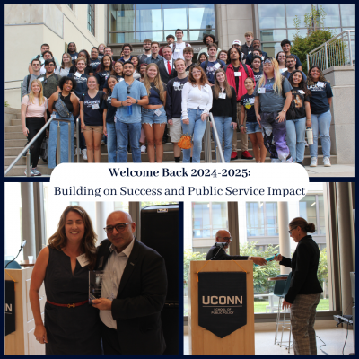 A photo of the new students on the steps of the Hartford Times Building. A photo of Mohamad Alkadry and SPP alum Tara Downes. A photo of Mohamad pacing a baton to Angie Eikenberry. The words "Welcome Back 2024-2025: Building on Success and Public Service Impact."