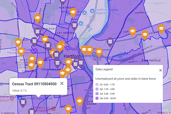 Screenshot of unemployment census data overlayed on a localized search.