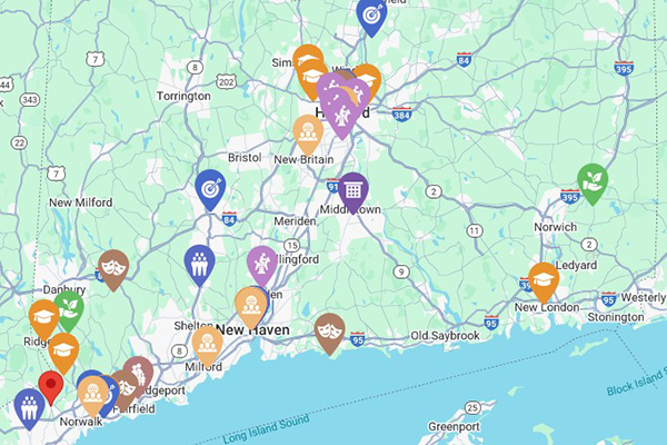 A screenshot of the mapping tool showing the locations of nonprofit organizations in Connecticut based on a specific search.