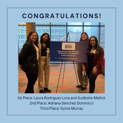 The words “Congratulations - 1st Place: Laura Rodriguez Lora and Sudiksha Mallick - 2nd Place: Adriana Sanchez Dominicci - Third Place: Sylvia Murray.” A photo of Laura, Sudiksha, Adriana and Sylvia.